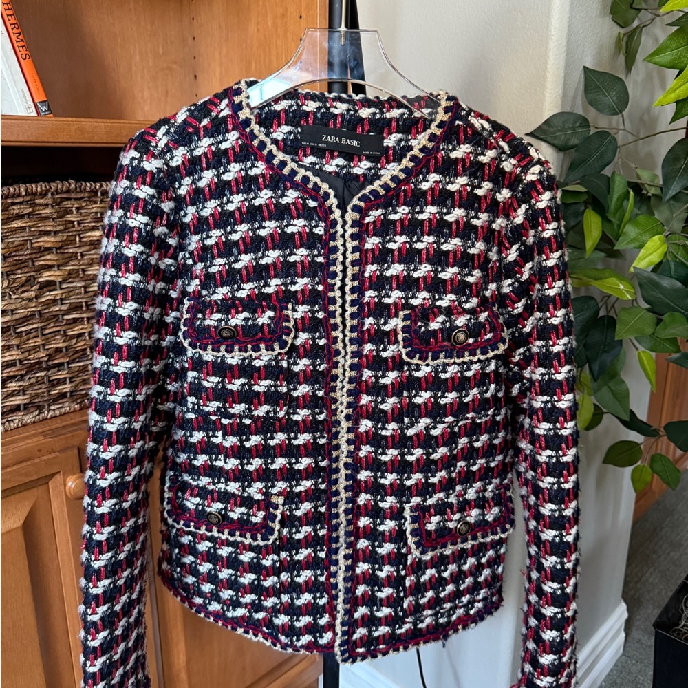Zara Red and White Tweed Blazer